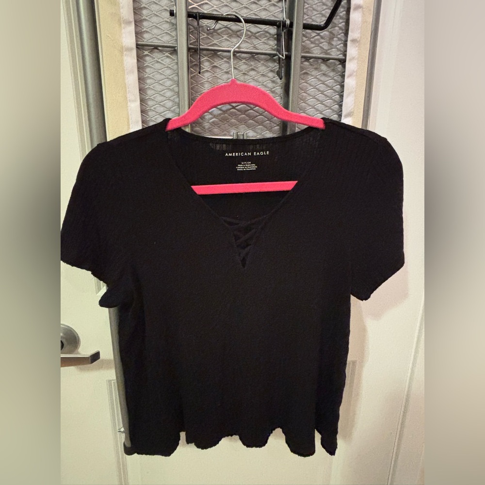 American Eagle Outfitters Black Short Sleeve Lace-Up V-Neck Tee